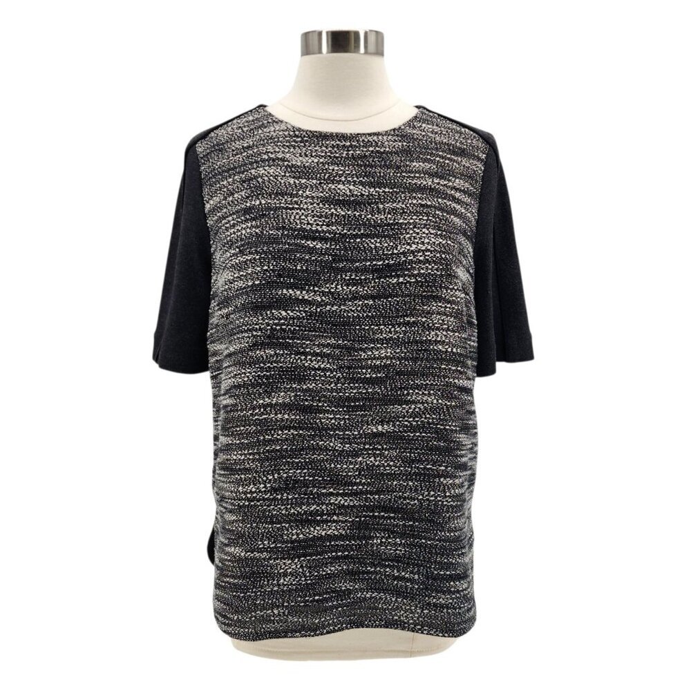 Vince. Womens Medium Top Textured Tweed Stretchy Boxy Fit Black Gray White